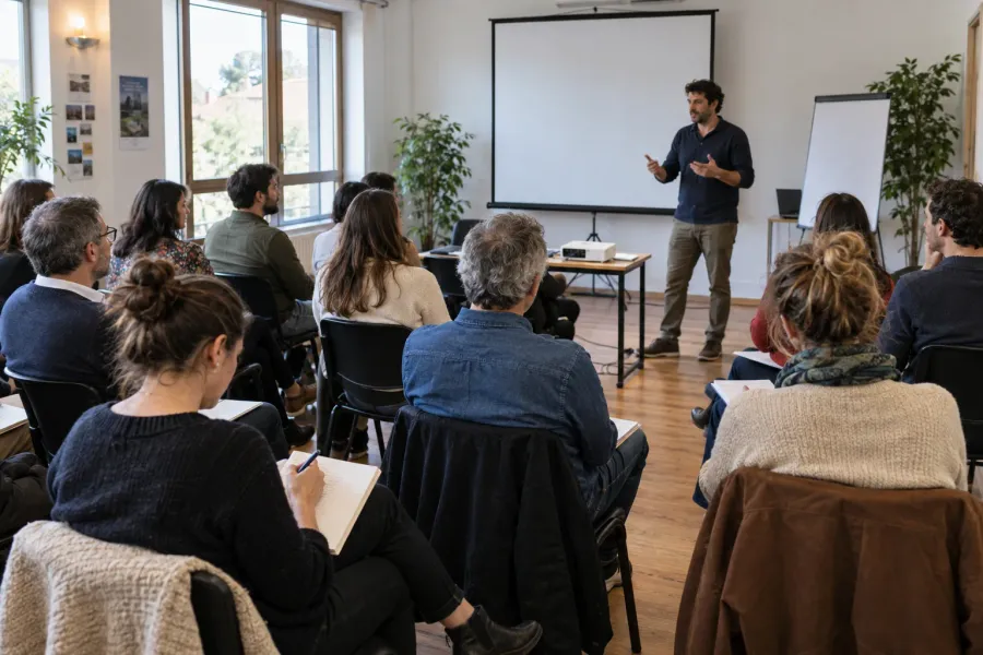 Illustration : une équipe participe à un séminaire.